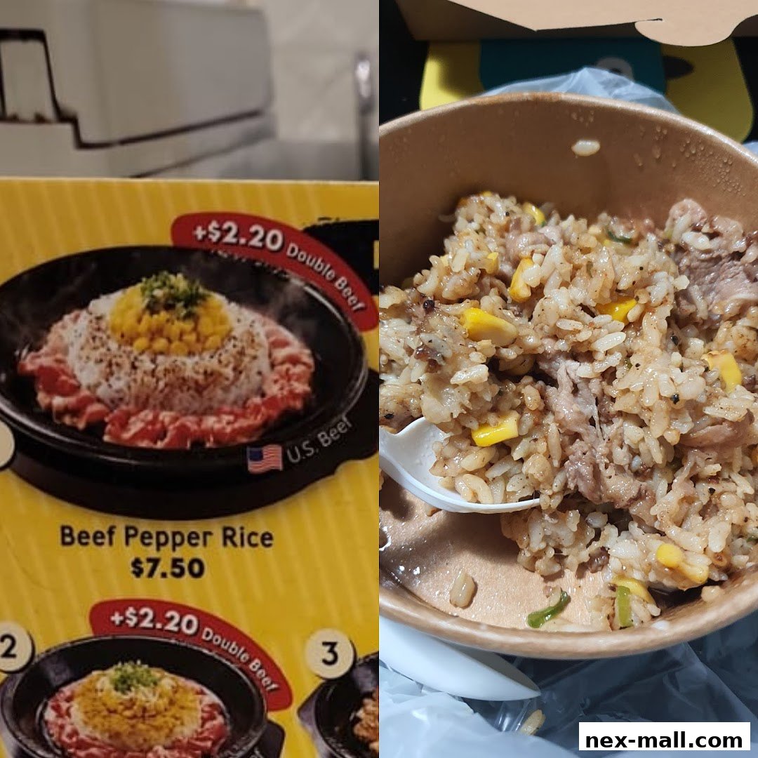 A split image showing a menu item for Beef Pepper Rice and a close-up of the dish.