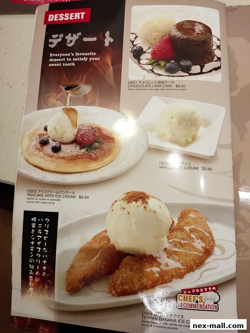 A menu page showcasing various desserts with appealing images and descriptions.
