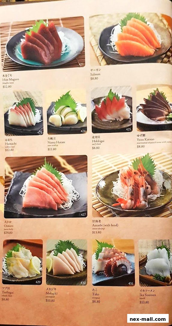 A menu showcasing various types of fresh sashimi and seafood dishes with prices.