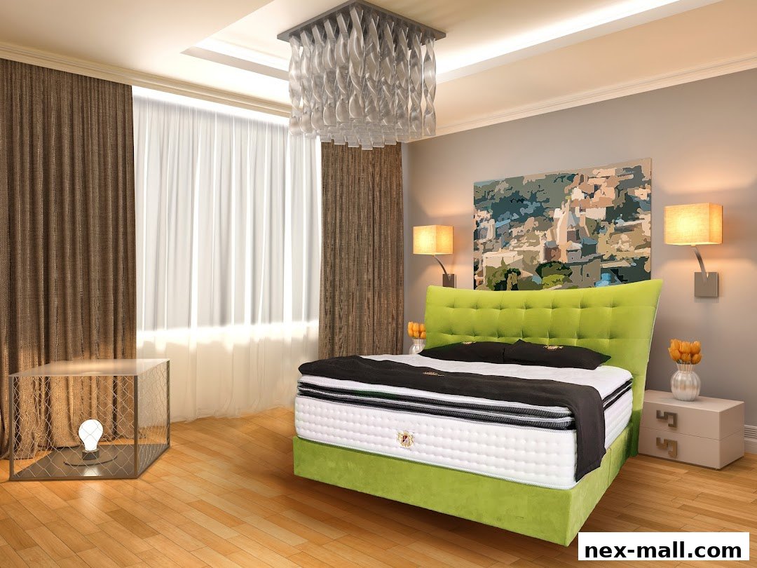 A stylish bedroom featuring a plush green bed with a SLEEPNIGHT mattress and modern decor.
