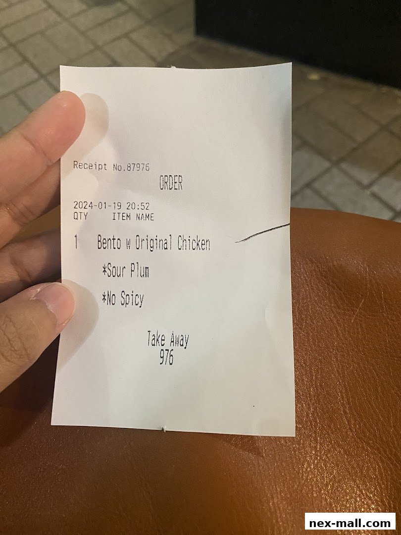 A receipt from "I Love Taimei" showing a take-away order for Bento with Original Chicken.