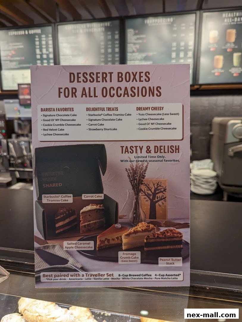 A menu board showcasing dessert boxes for all occasions with various cake and cheesecake options.
