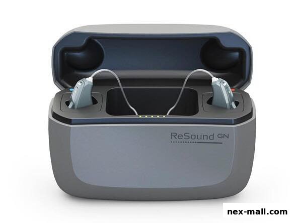 A pair of ReSound GN hearing aids in a charging case.