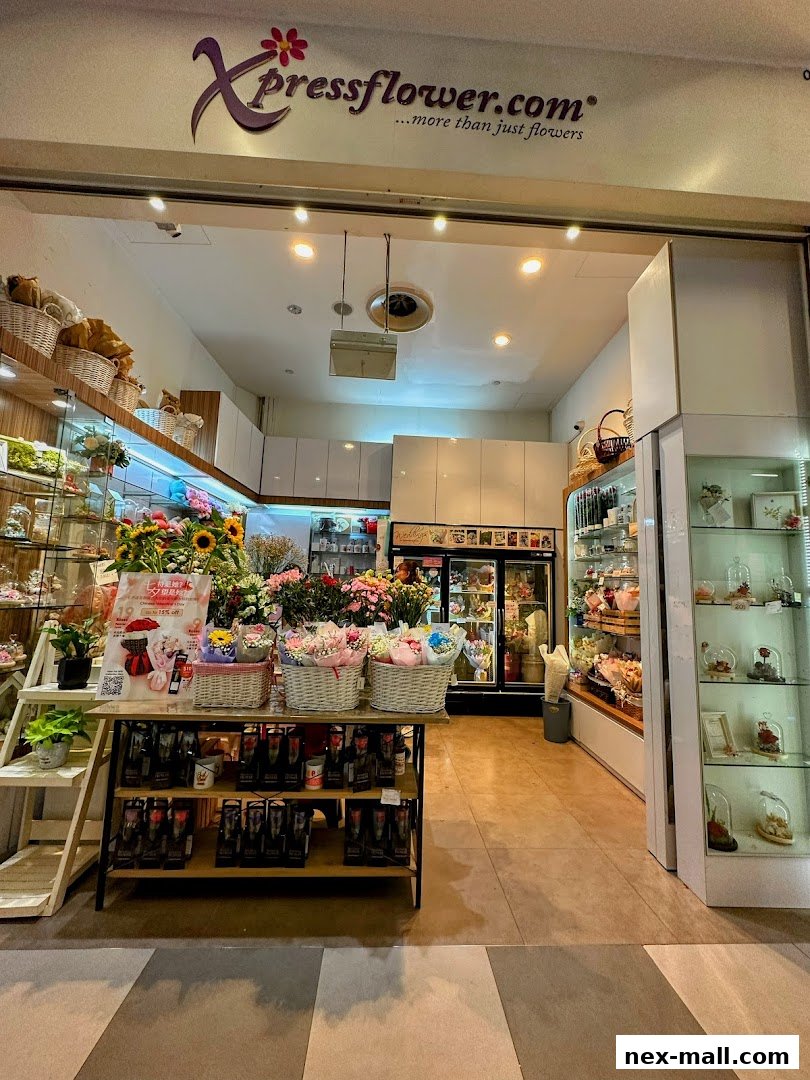 The entrance of Xpressflower shop, showcasing a variety of fresh flowers and gift items.