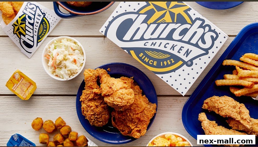 A spread of crispy fried chicken, fries, coleslaw, and biscuits from Church's Chicken.