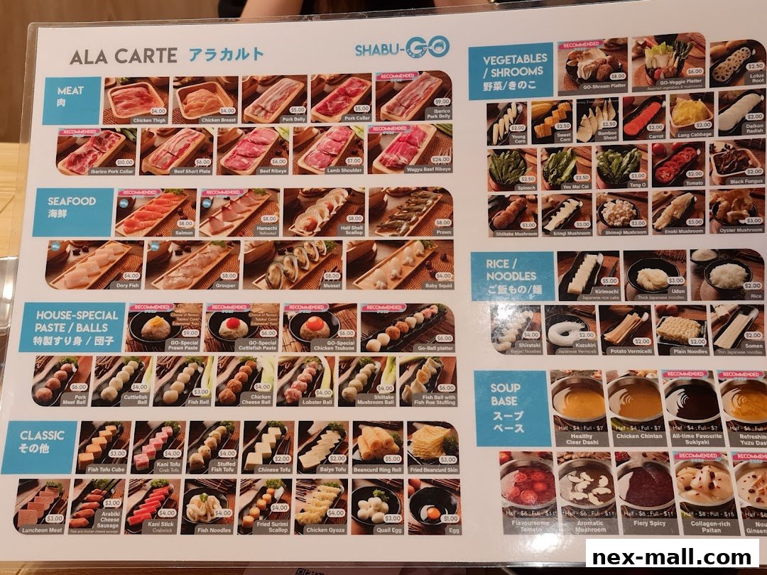 A menu for Shabu-Go featuring various meat, seafood, vegetables, noodles, and soup bases.