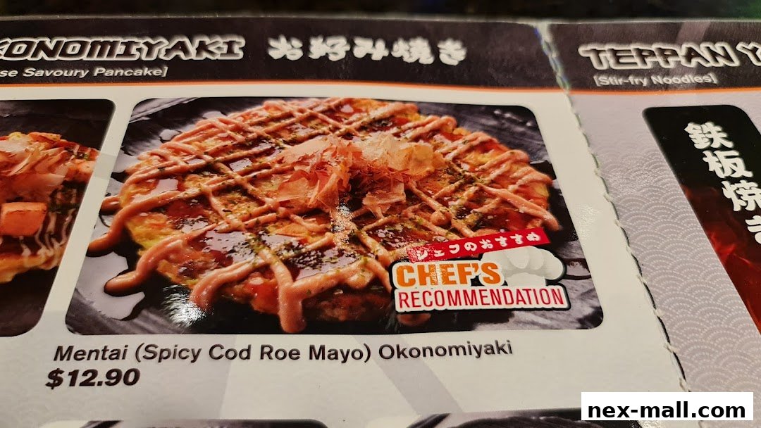 A menu item featuring Mentai Okonomiyaki, a spicy cod roe mayo pancake.