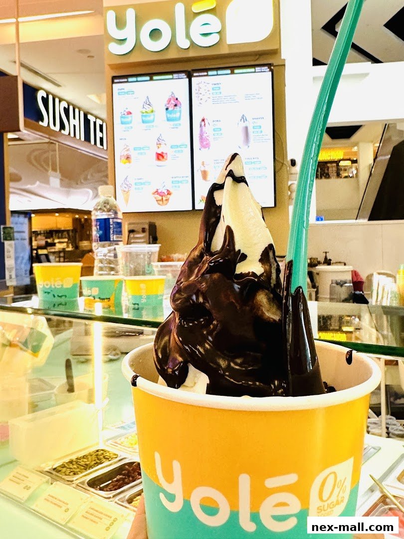 A cup of frozen yogurt with chocolate sauce and a green spoon at Yolé Nex.