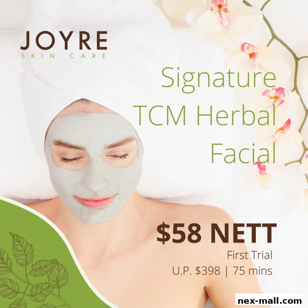 A woman with a facial mask and towel on her head, promoting a skin care treatment.