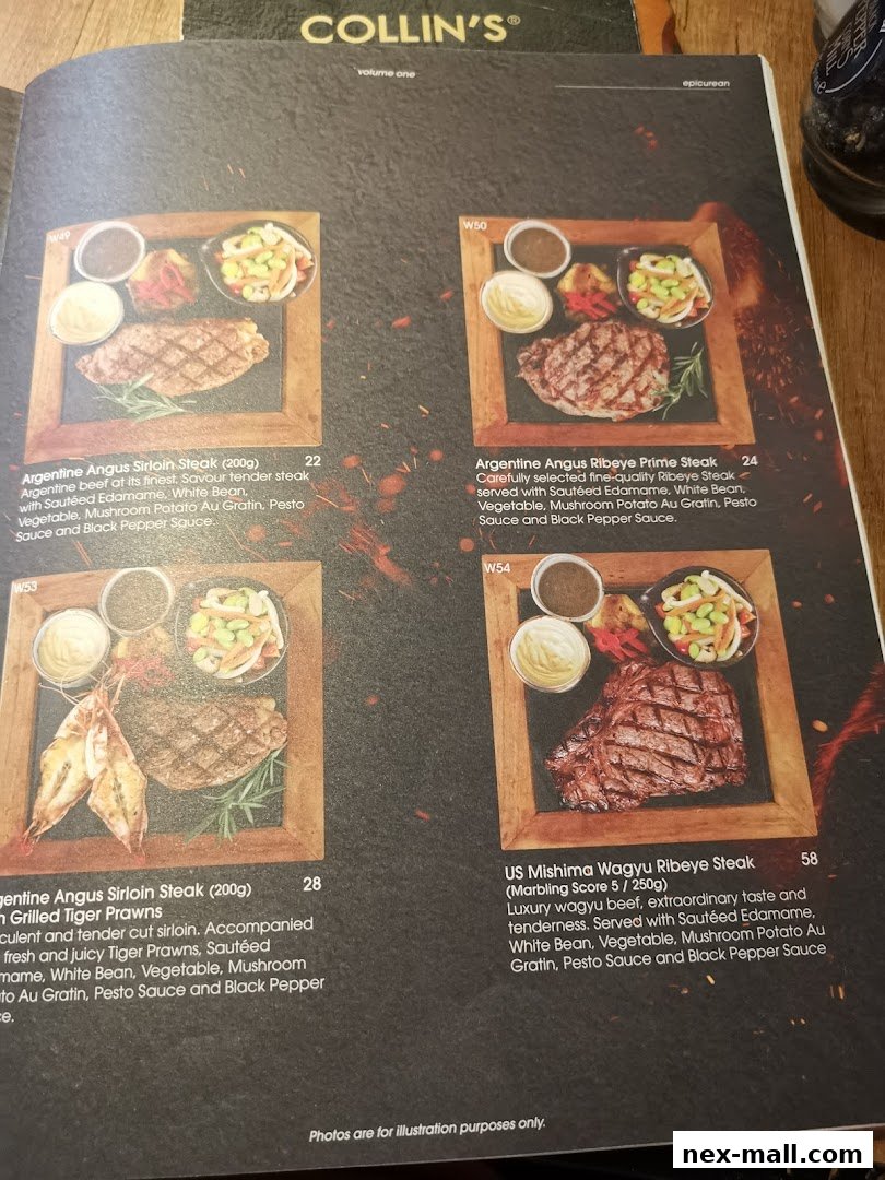 A menu from COLLIN'S featuring various steak dishes with detailed descriptions and prices.