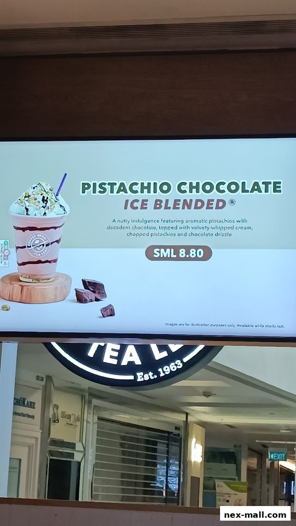A promotional image for The Coffee Bean & Tea Leaf's Pistachio Chocolate Ice Blended drink.