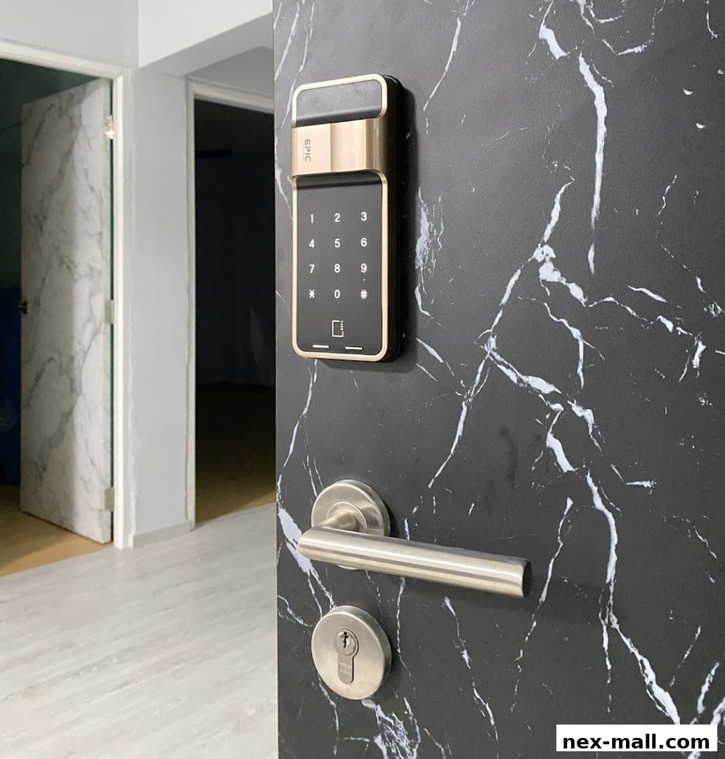 A modern digital door lock with a keypad and handle on a black marble-patterned door.