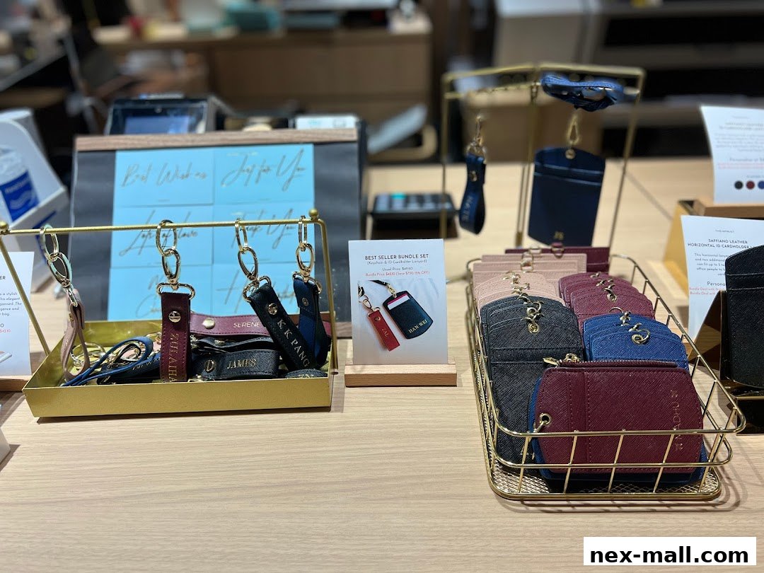 A display of personalized keychains and cardholders in various colors and styles.