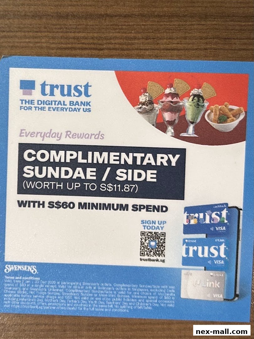 Advertisement for a complimentary sundae or side at Swensen's with a minimum spend.