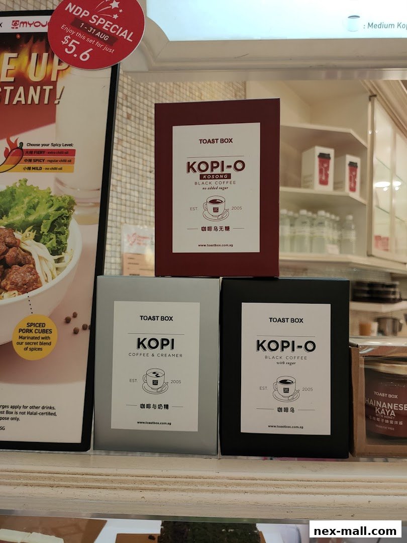 Toast Box products including Kopi-O and Kopi Coffee & Creamer, with a special offer displayed.