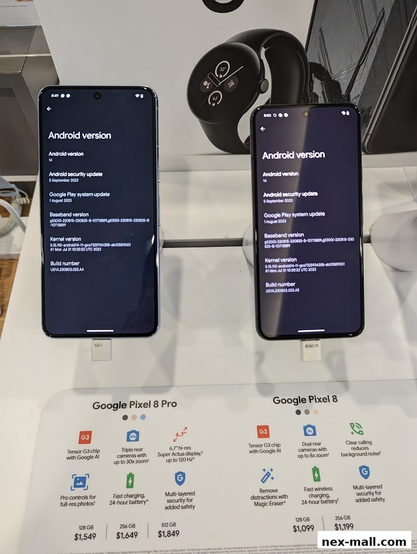 Two Google Pixel phones and a smartwatch displayed with product information and pricing.