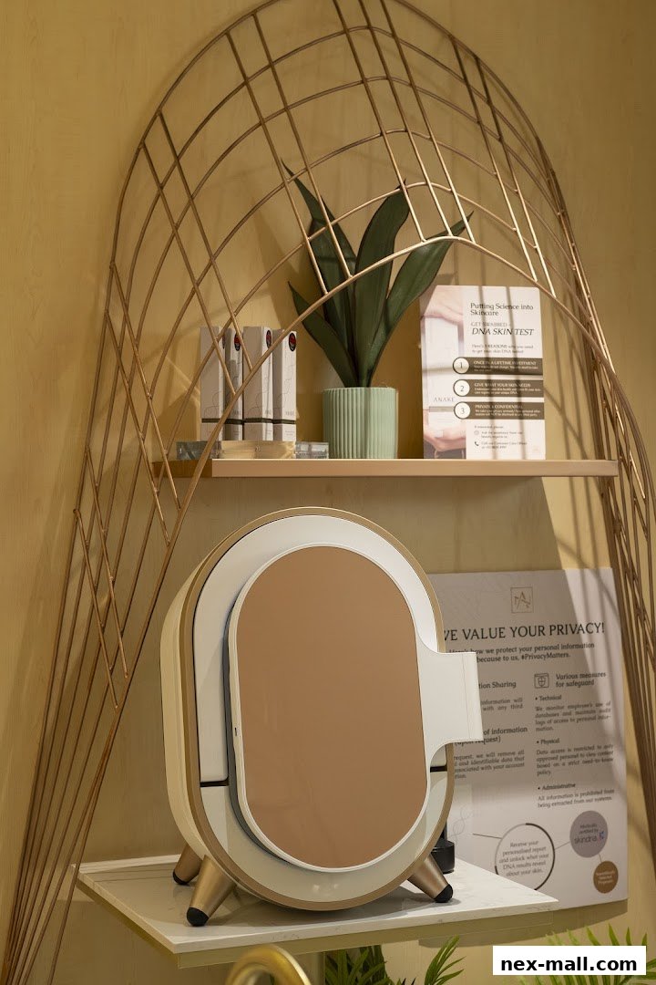 A modern skincare clinic display featuring a DNA skin test and privacy information.