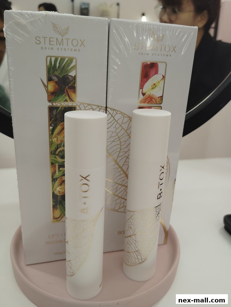 Two Stemtox Skin Systems products, A-Tox and B-Tox, displayed on a pink tray.