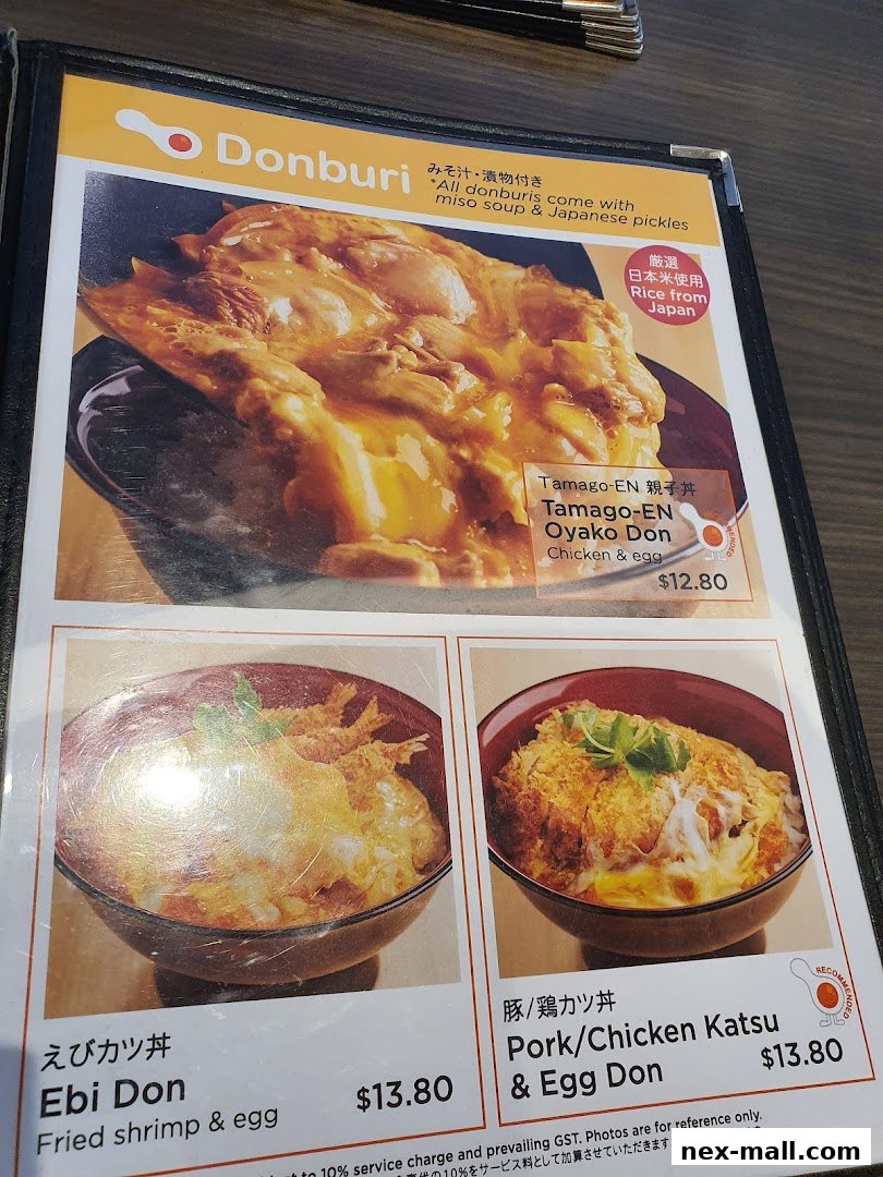 A menu featuring Japanese Donburi dishes, including Oyako Don, Ebi Don, and Pork/Chicken Katsu & Egg Don.