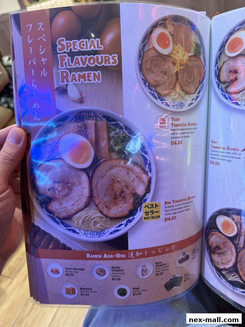 A menu showcasing special ramen flavors with detailed descriptions and prices.