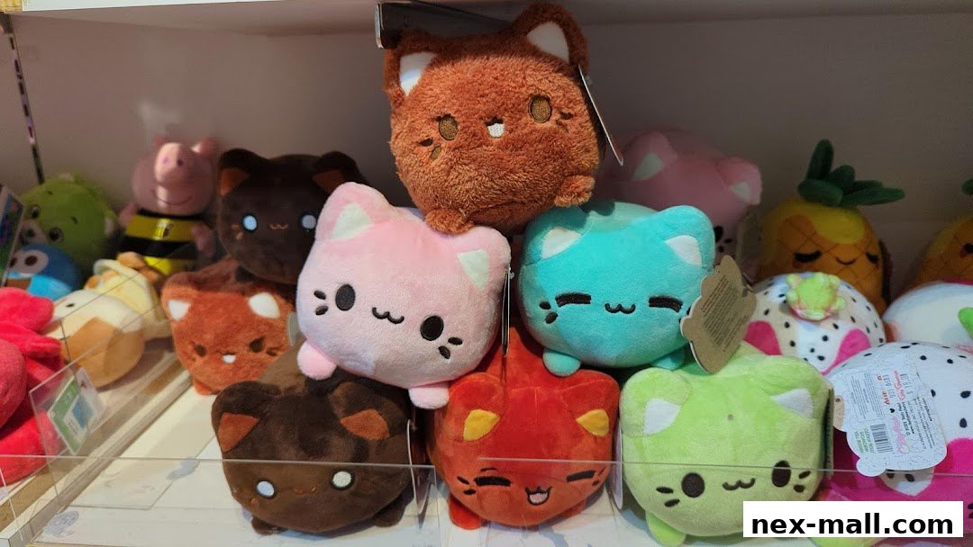 A collection of colorful, plush cat toys stacked on shelves, with other plush toys visible.