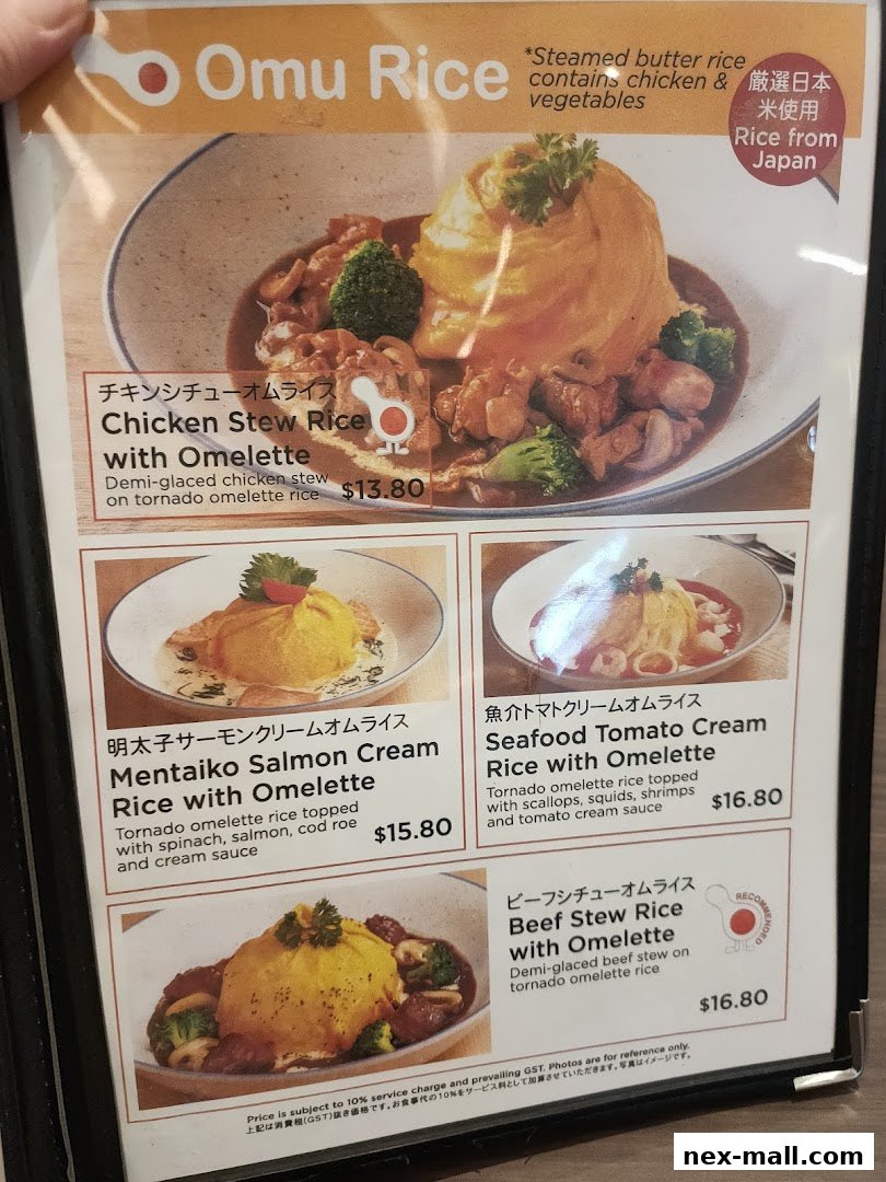 A menu featuring various Omu Rice dishes with detailed descriptions and prices.