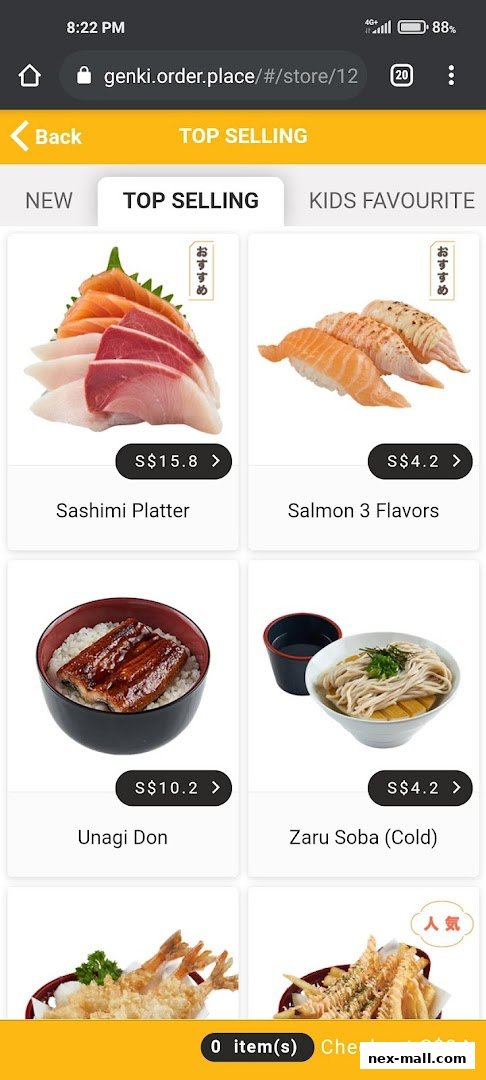 A screenshot of a mobile ordering page for Genki Sushi, showcasing top-selling dishes.