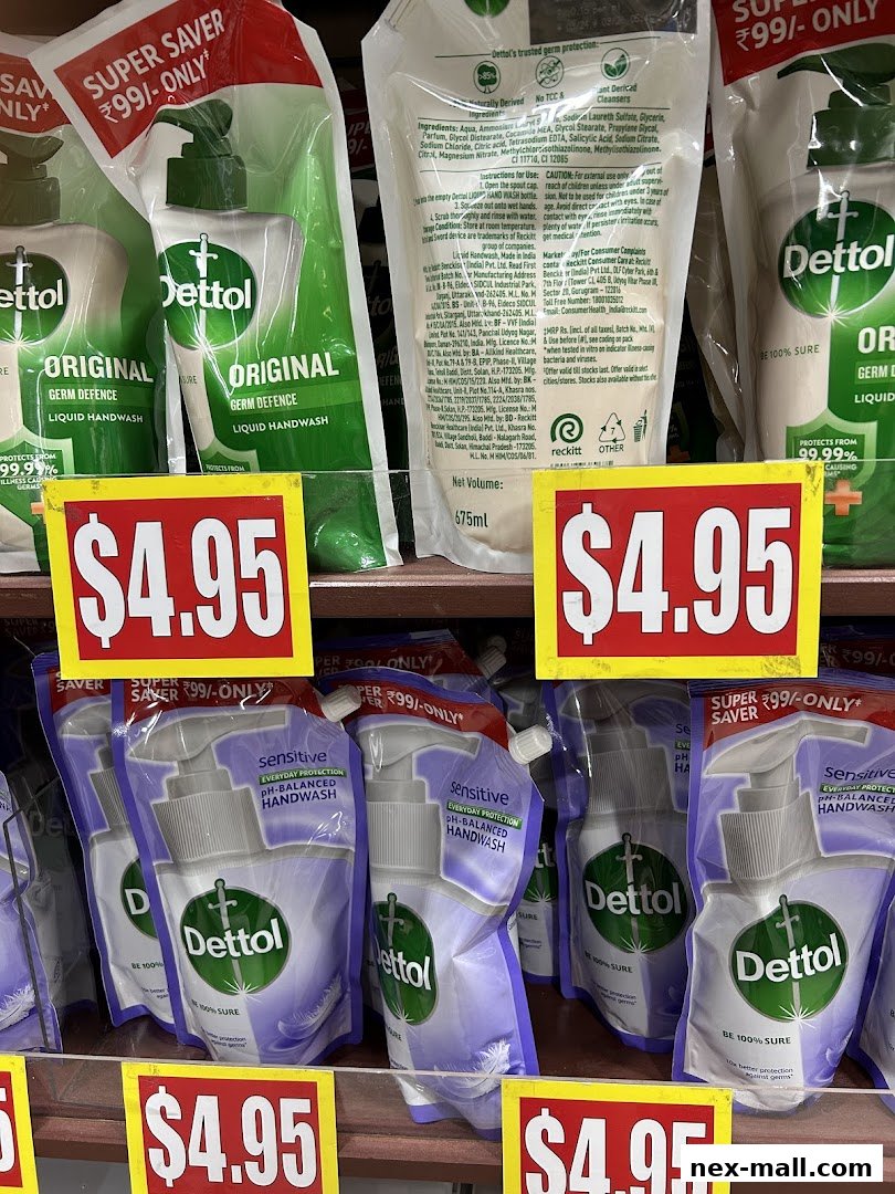 Shelves stocked with Dettol liquid handwash pouches in Original and Sensitive variants, priced at $4.95.