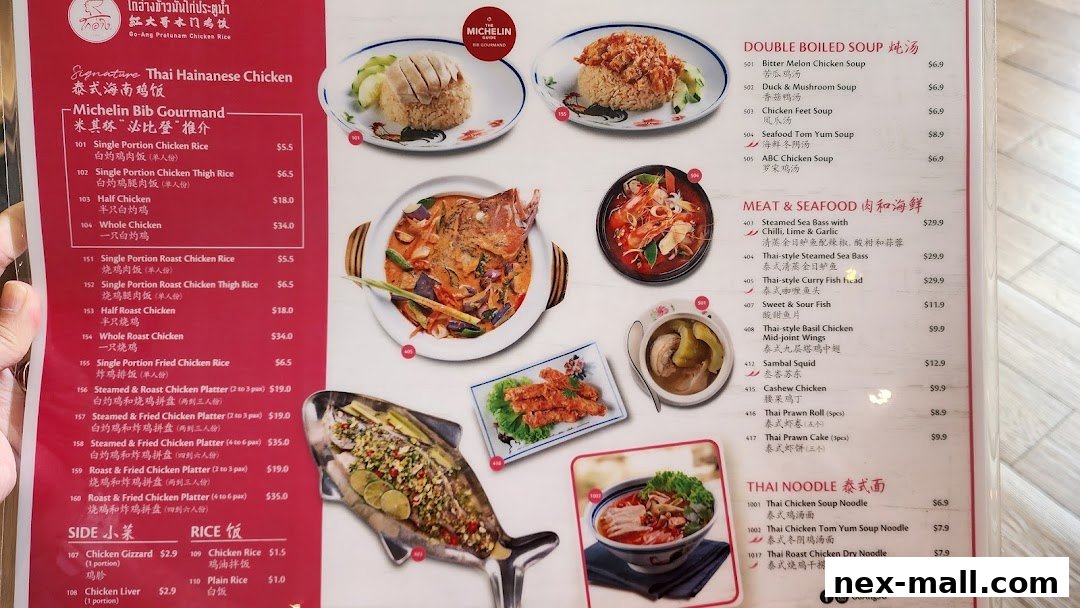 A menu from Go-Ang Pratunam Chicken Rice featuring various chicken dishes, soups, seafood, and noodles.