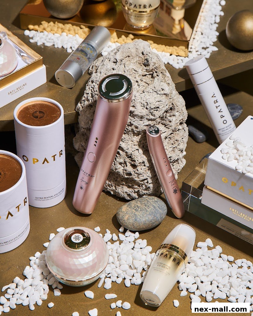 A collection of luxury anti-aging skincare products and devices arranged aesthetically.
