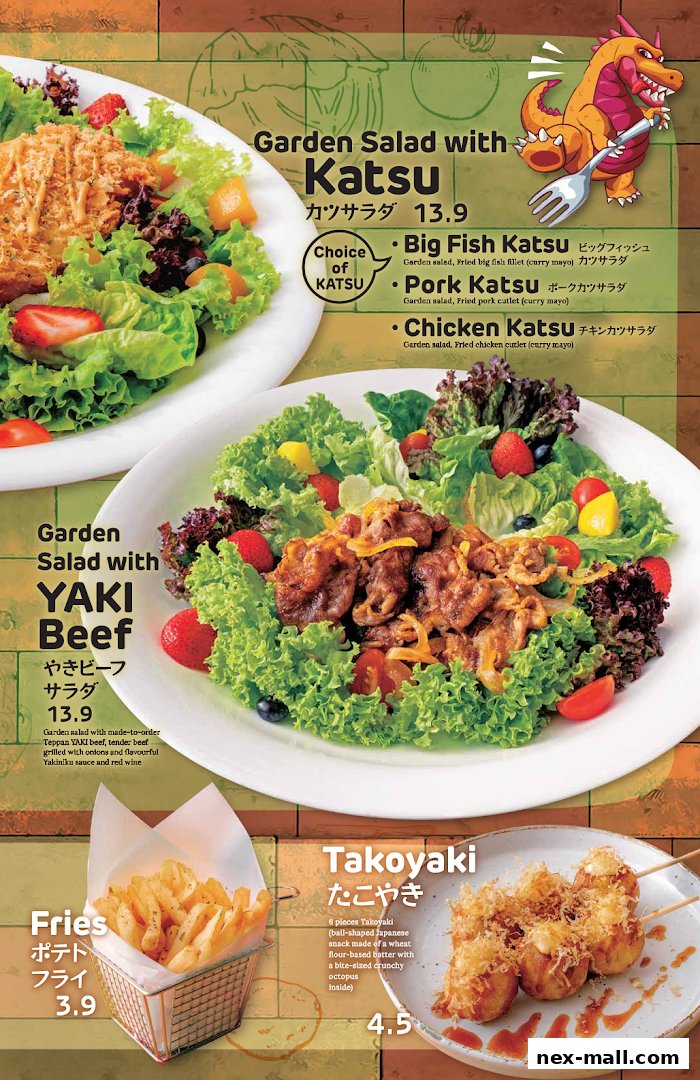 A menu showcasing fresh salads with katsu or beef, fries, and takoyaki.