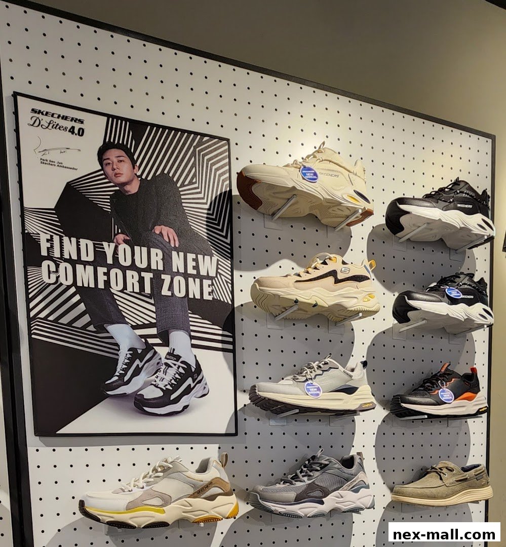 Skechers D'Lites 4.0 shoes displayed with a poster featuring a brand ambassador.