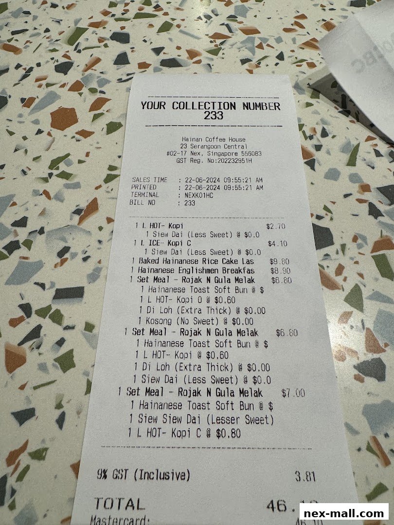A receipt from The Hainan Story Coffee House Nex showing various food and drink items purchased.