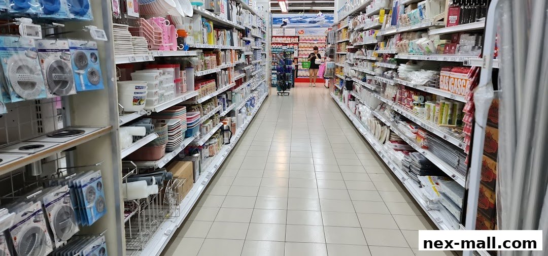 A wide aisle in a supermarket with shelves stocked with various household items and groceries.