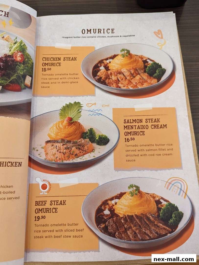 A menu page showcasing three different omurice dishes with steak and salmon.