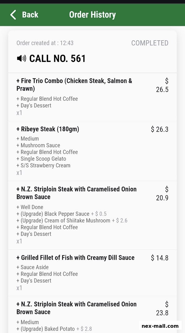 An order history screen showing various steak and fish dishes with prices and customizations.
