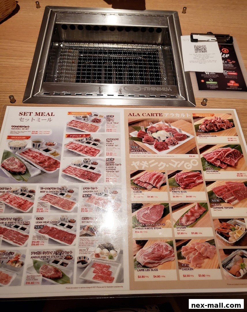 A menu for Yakiniku-GO NEX featuring set meals and a la carte options with various meat cuts.