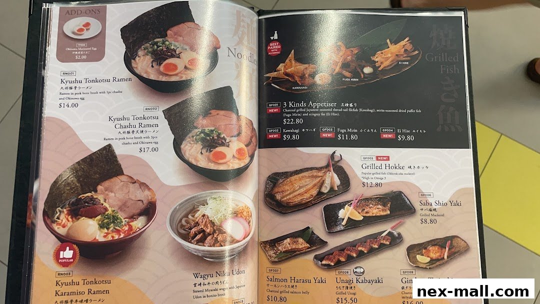 A menu from Aburi-EN Nex featuring various ramen, grilled fish, and udon dishes.