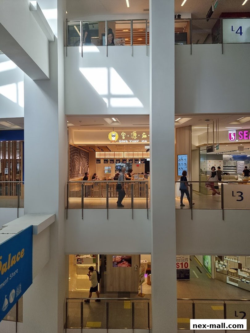 A view of a shopping mall interior showing various shops and levels.