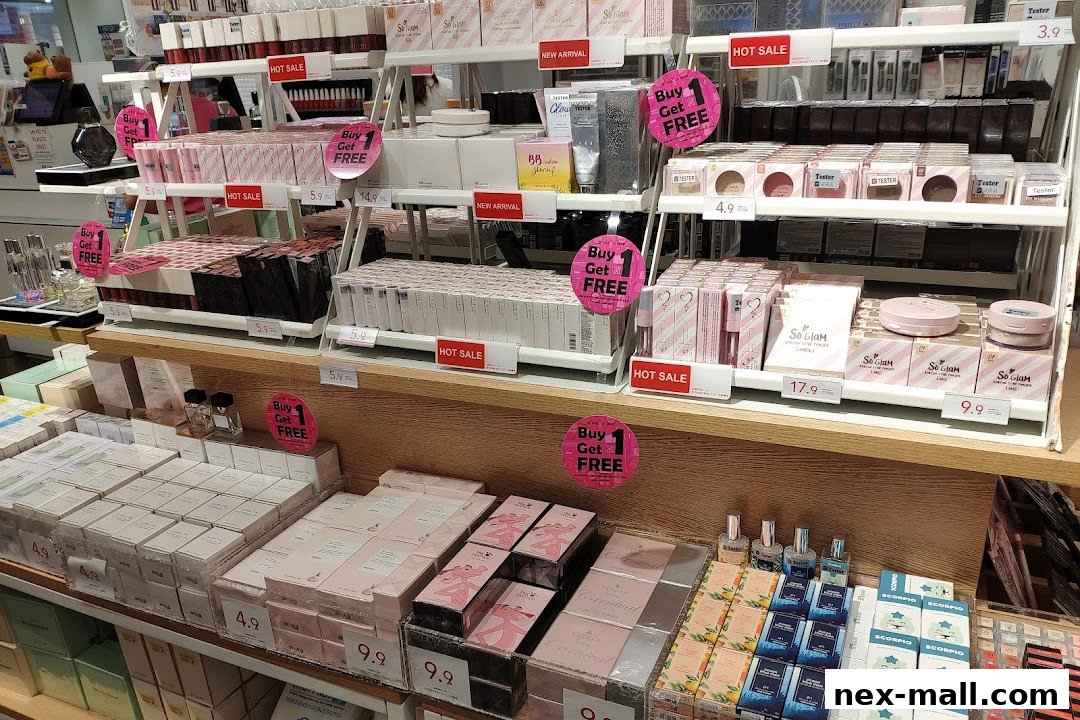 A retail display of beauty products, featuring makeup and skincare with 'Buy 1 Get 1 Free' promotions.
