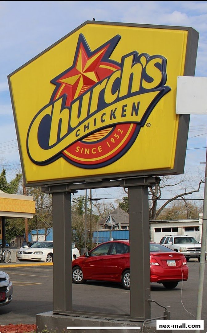 A large yellow sign with the Church's Chicken logo and the text 'Since 1952'.