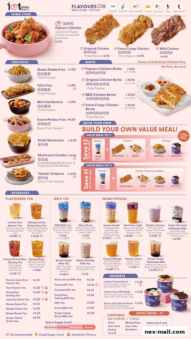 A colorful menu from 'I Love Taimei' featuring fried chicken, bentos, milk teas, and desserts.