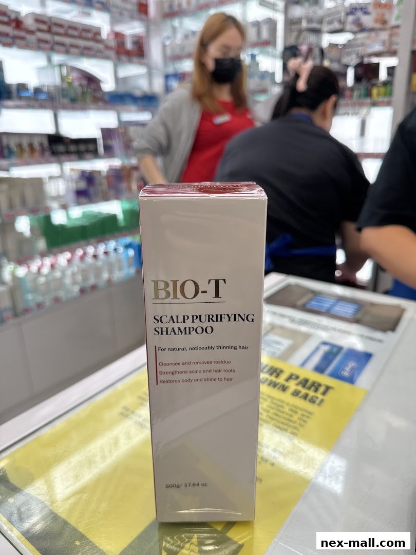 A box of BIO-T Scalp Purifying Shampoo is displayed in a beauty store.