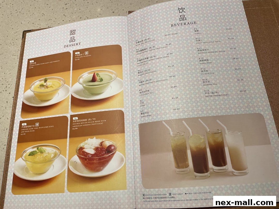 A menu from Canton Paradise featuring desserts and beverages with accompanying images.