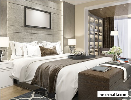A luxurious bedroom interior with a neatly made bed, bedside tables, and a bookshelf.