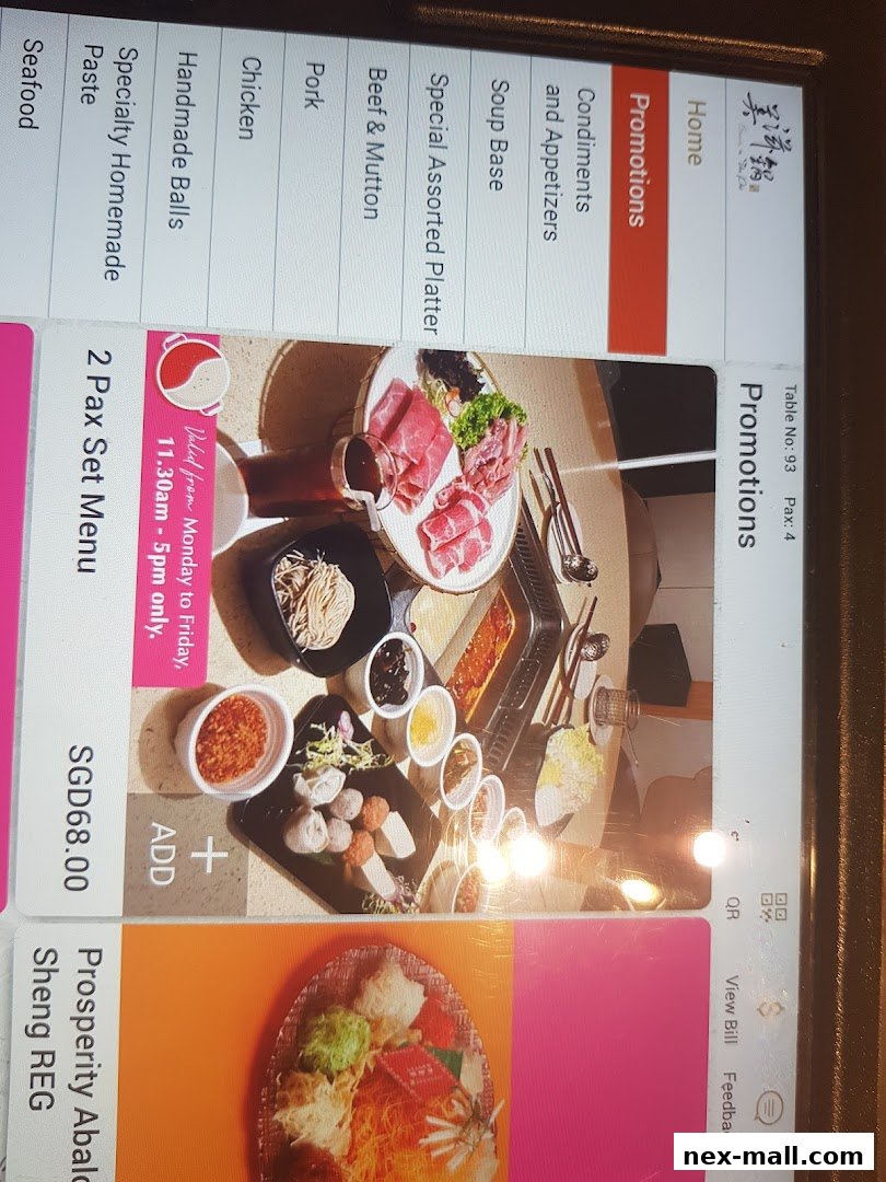 A digital menu displaying hot pot ingredients, set menus, and promotions for Beauty in The Pot.