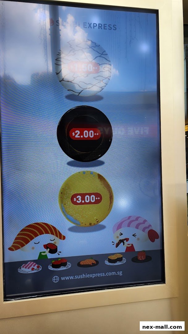 A digital menu display for Sushi Express showing prices for sushi items.