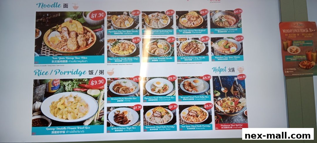 A menu board displaying various noodle, rice, porridge, and hotpot dishes with prices.