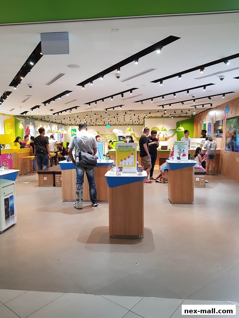 Interior view of a brightly lit StarHub store with customers browsing products and staff assisting.