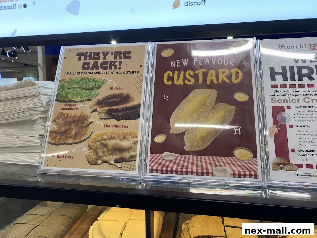 Advertisements for new and returning pancake flavors at Munchi Pancakes.